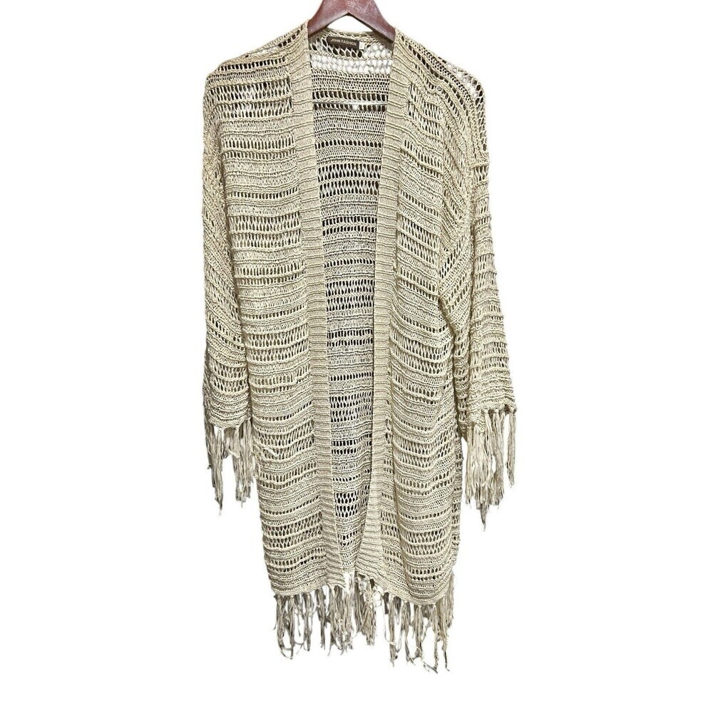 John Fashion Crochet Cardigan Womens XL Beige Long Fringe Details Boho WoolBlend